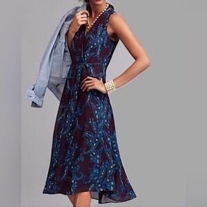 CAbi paisley plum & blue faux wrap midi lined sleeveless dress SZ 8